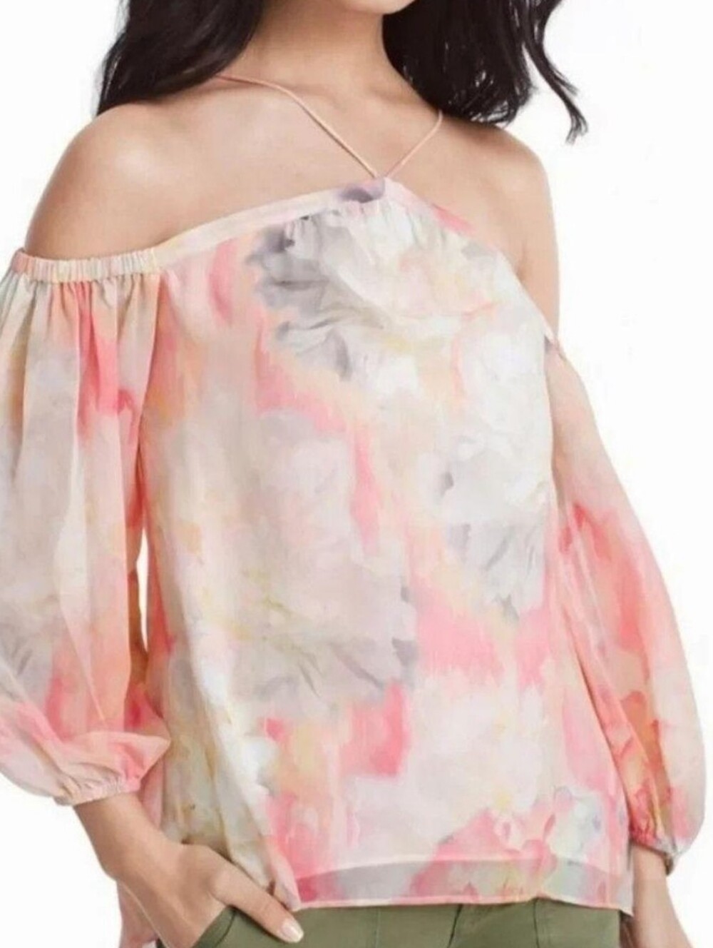 White House Black Market Coral Peach & Cream Off-Shoulder Watercolor Blouse XS